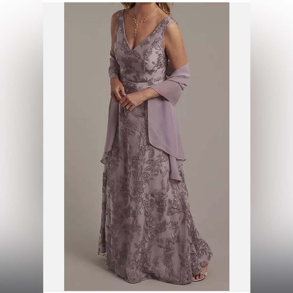 David's Bridal Mauve Maxi Dress with Floral Embroidery